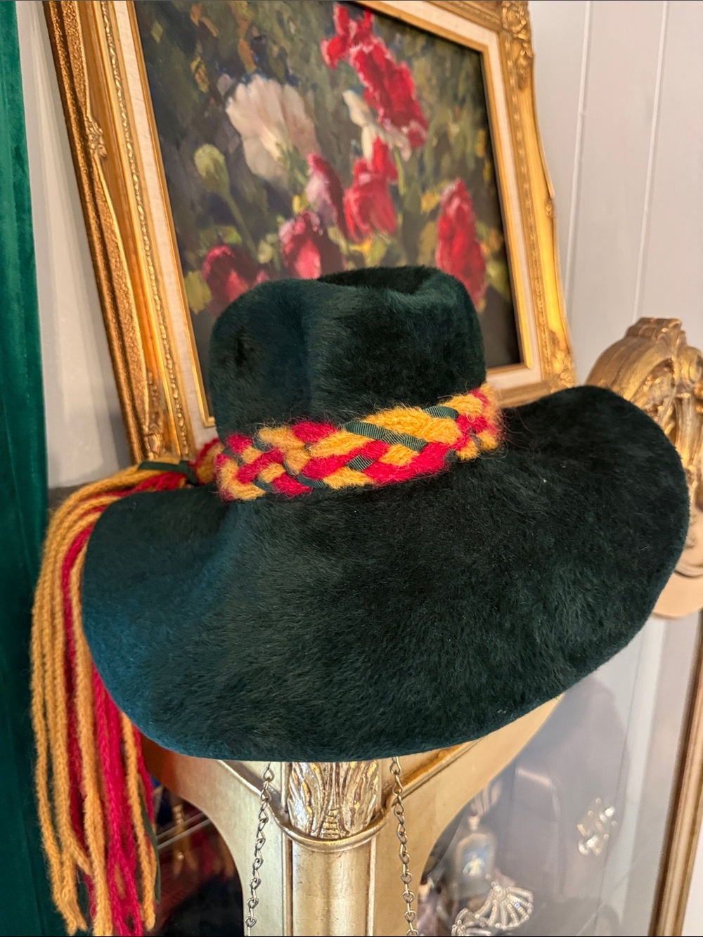 Vintage Festival Westbury Dark Green Wide-Brim Hat with Multicolor Braided Band